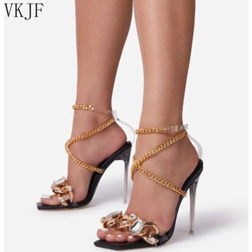 Fashion Crystal Metal Decoratio Sexy Womens Shoes Patchwork PVC 2021 Summer Chain Square Toe High Heels Wedding Sandals