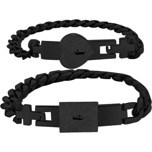 R58E 2Pcs Silver Tone Stainless Steel Lover Heart Love Lock Bracelet with Lock Key Bangles Kit Couple Jewelry Sets Gift