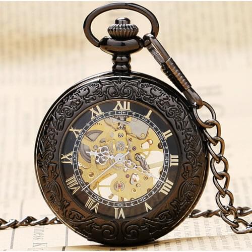Elegant Glass Black Retro Roman Number Skeleton Dial Steampunk Mechanical Fob Pocket Watch With Chain For Men Women