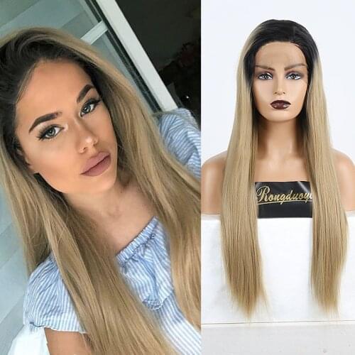 Long Silky Straight Wigs for Black Women Syntehtic Lace Front Wig High Temperature Fiber Lace Wigs Ombre Brown Cosplay Wig