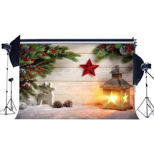 Photography Backdrop Xmas Merry Christmas Lantern Red Star Snow Weathered Wood Floor Backdrops Happy New Year Background