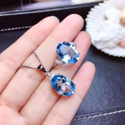 Egg Shaped Sky Blue Topaz Jewelry Set For Women Pave Gemstone CZ Pendant Necklace Ring Girlfriend Wedding Romantic Gift