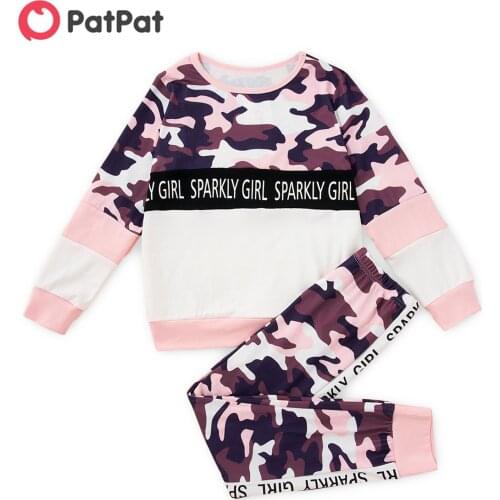 PatPat 2-piece Kid Girl Letter Camouflage Print Color block Long-sleeve Top and Elasticized Pants Set