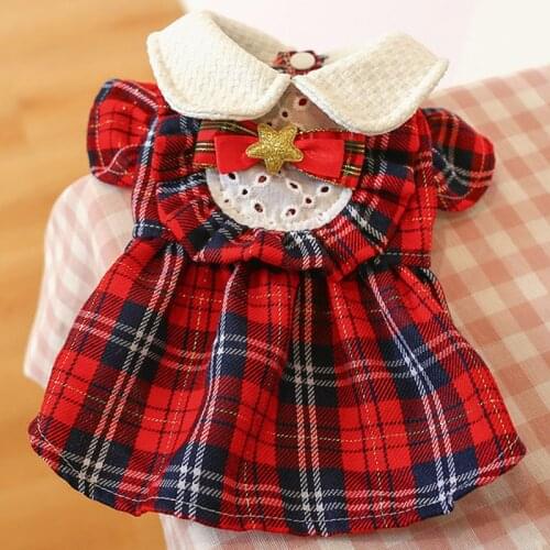 Red Small Dogs Dress For Christmas Pricess Girl Skirt Plaid Flying Sleeve Cat Coat Pet Clothing French Bulldog Christmas Dresses