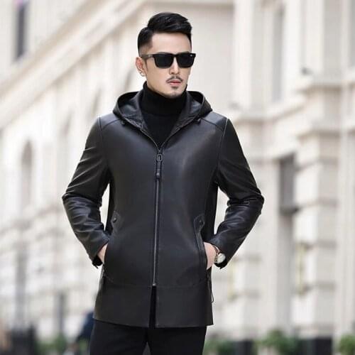 New Genuine Leather Jacket Mens Spring Autumn Hoodie Top Layer Sheepskin Leather Coat Casual Thin Medium Length Coat Outerwear