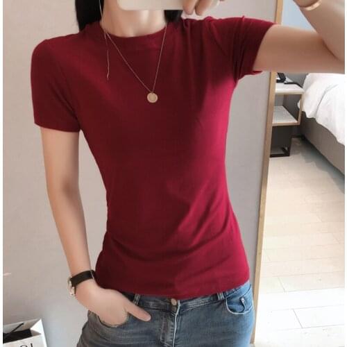 Summer T-shirts Women Soild O Neck Short Sleeve Tshirt Slim Basic Korean Stlye Cotton T Shirt Ladies Casual Tops Vetement Femme