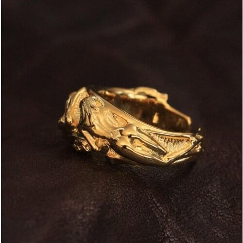 LINSION Sexy Naked Beauty Skull Ring Gold Plated Brass Mens Biker Rock Punk Jewelry GP185 US Size 7~15