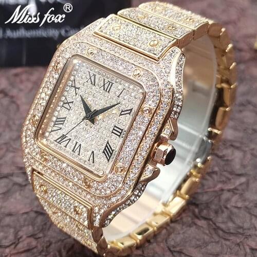 Hip Hop MISSFOX Men Watch Fully Diamond Rose Gold Stainless Steel Wristwatch For Male Luxury Trendy Iced Out AAA Jewelry Clocks