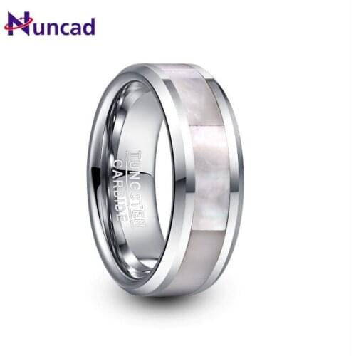 NUNCAD 8mm Wide Tungsten Carbide Ring Mens Wedding Ring Steel Color Inlay White Mother-of-pearl Tungsten Steel Ring T232R
