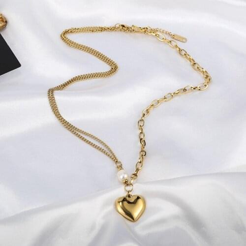 Stainless Steel Heart Collares Statement Metal Texture Geometric Chain Collar Freshwater Pearls Necklace Women Anniversary Gift