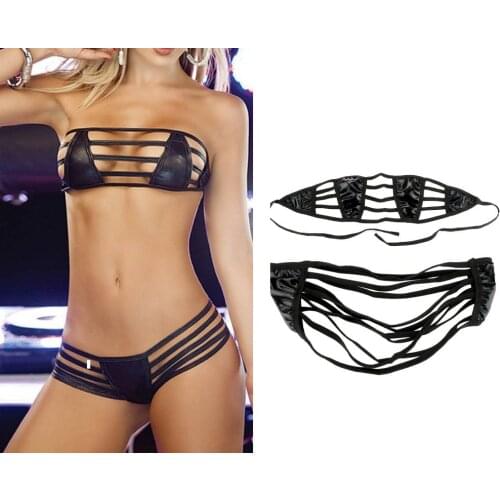Patent leather G-String Sexy Set Three-point Hollow out Sexy Lingerie Sexual Clothing Bikinis Exotic Apparel