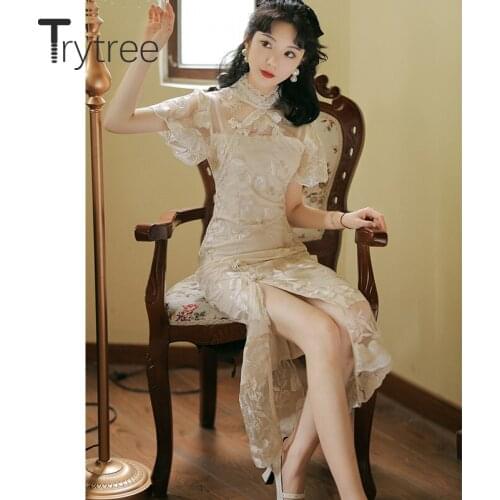 Trytree Summer Women Casual Dress Floral Embroidery Chinese Style Stand Collar Tassel Split Hem Elegant Cheongsam Mid-Calf Dress