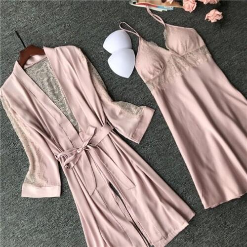 Sexy Women Silky Robe With Breast pad Set Lace Trim Back Hollow Lingerie 2PCS Kimono Kaftan Nightgown Sleepwear Home Suit