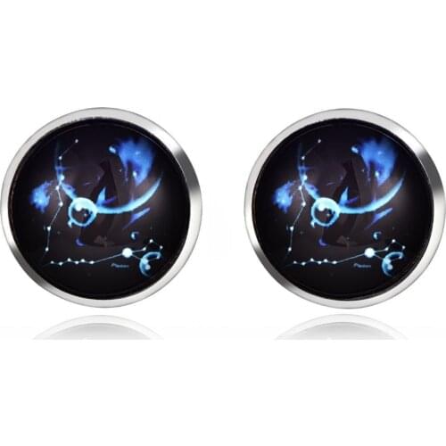 New Fashion Glass Cabochon Twelve Constellations Pattern Stud Earring For Women Men Simple Small Metal Earring Female Jewelry