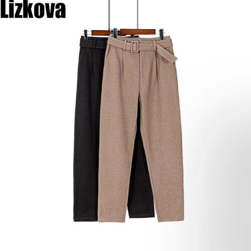 Lizkova Woollen Harem Pants Women High Waist Trousers With Belt Official Ladies Warm Pantalones 0904