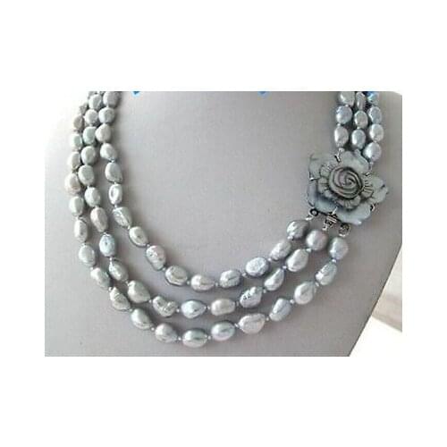 Triple strands 8-9mmbaroque silver grey pearl necklace 17"18"19"