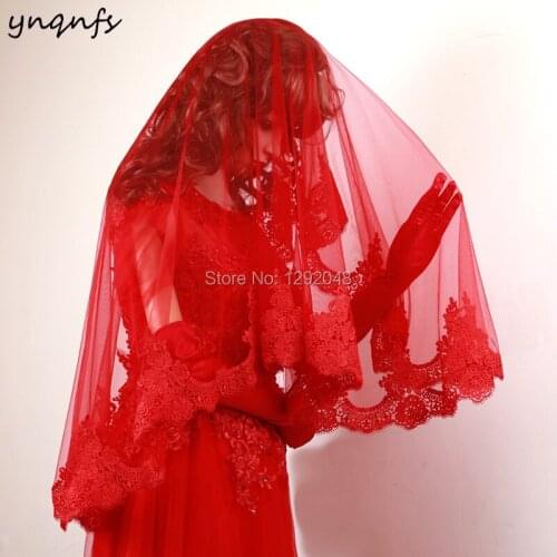 YNQNFS V17 Real Pictures 1.2m Long Lace Edge Red Wedding Veil Bridal Veil Voile de Mariee Velo Birdcage 2019