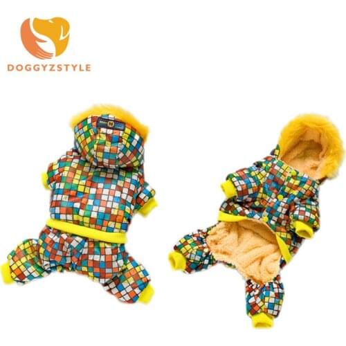 Yellow Plaid Dog Jumpsuit Winter Warm Ceramic Tile Shape Pet Hooded Pajamas Puppy Cat Clothes Pets Apparel For Small Medium Dogs