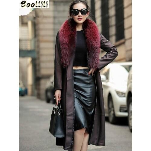 Boollili Real Leather Jacket Winter Jacket Women Real Fox Fur Collar Sheepskin Coat Female Streetwear Long Windbreaker