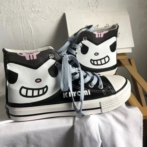 Womens Shoes Cartoon Hand-painted Black Canvas Shoes Japanese High-cut Kawaii Vulcanized Shoes Student Canvas Shoes