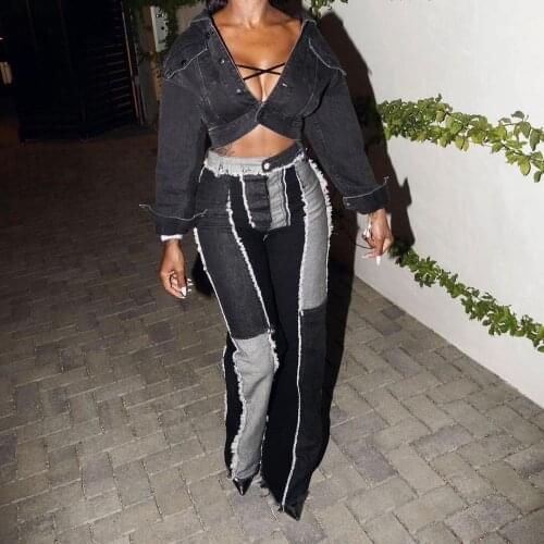 Womens Stylish Trendy Patchwork Jeans Color Stitching Reverse Trim High Waist Fitting Straight Pants Chic Wild Trousers