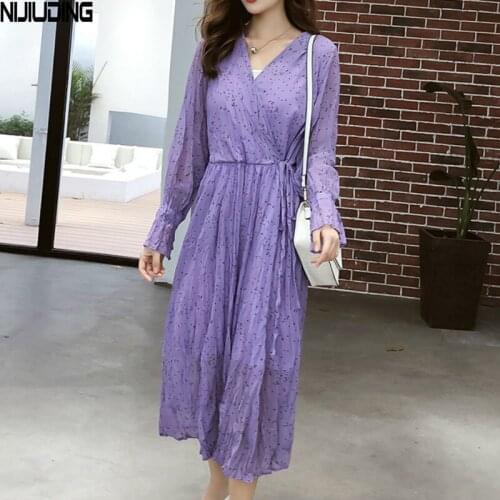 Womens Pleated Printed Dresses 2020 New Fashion V-neck Flare Full Sleeve Lace Up Midi Dress Female Sexy Autumn Spring Vestidos