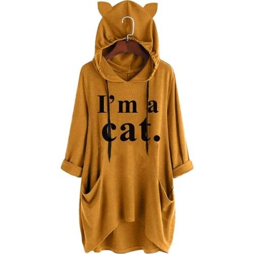 Tops Women 2021 Fashion Vintage T-shirts Casual Letter T'm A Cat Print Hooded Long Sleeves Pocket T Shirt Top Camisetas De Mujer