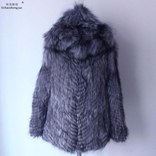 Linhaoshengyue Real Silver Fox Fur Coat for Women Winter Warm 70cm Long 60cm Sleeve