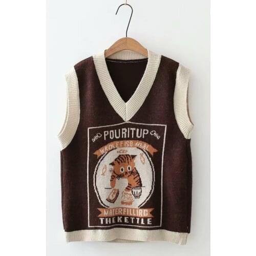 Urifens Preppy Style Sweater Vest 2021 Korean V Neck Sleveless Letter Cat Sweater Vest Women Loose Vintage Female Jumper LN18U