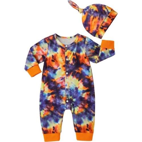 2021 Infant Tie Dye Printed Long Sleeve Romper Baby Boy Girl Long Sleeve Romper + Hat Set 2Pcs
