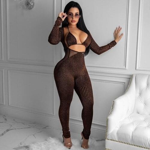 Adogirl Sequin Glitter 2 Piece Set Bling Ribbed Mesh Patchwork Hollow Out Jumpsuit And Lace up Bra Party Club Fitness Tracksuit