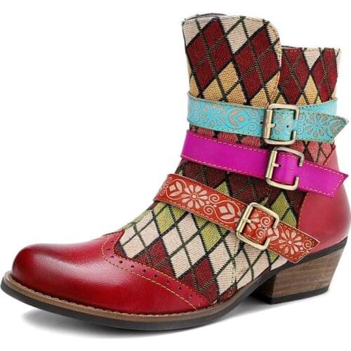 Women Boots Retro Genuine Leather Bohemian Printing Splicing Thick High Heel Zipper Dress Short Boots Ladies Shoes Women Shoes