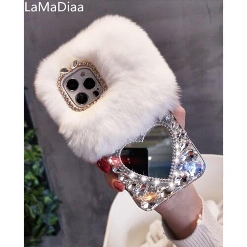Diamond Rhinestone Rabbit Fur Case For SamsungA3 A5 A7 2017 A9 A8 A6 PLUS 2018 A50 A70 A80 A51 A71 Top Quality Luxury Bling Case