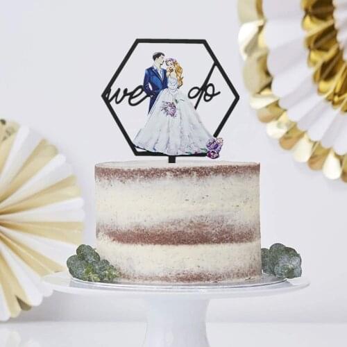 Color Print We Do Wedding Cake Topper Bride and Groom Wedding Couple Acrylic Topper Black Gold Cake Decorating
