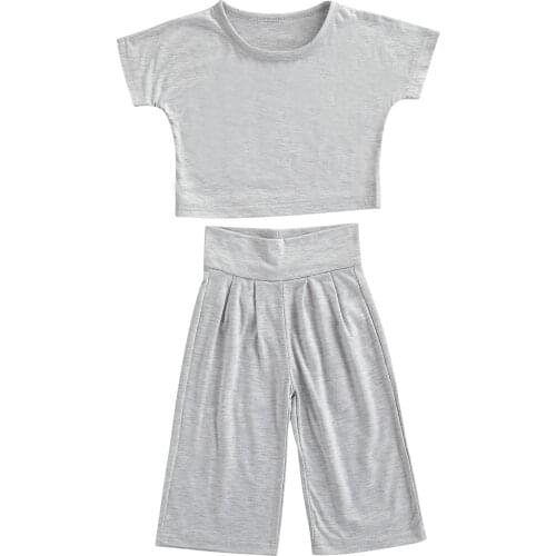 OPPERIAYA 2Pc Toddler Summer Tracksuits Solid Color O-Neck Short Sleeves T-shirt High-Waist Casual Pants Kids for Baby Girls