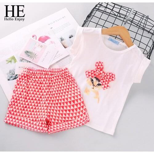 HE Hello Enjoy Girls Clothing Sets Summer 2020 Fashion Children Clothes Kids Cartoon Short Sleeves T-shirt+Shorts Casual Suits