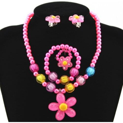 4 Pcs/Set Kids Baby Girls Imitation Pearls Beaded Sun Flower Necklace Bracelet Rings Earrings Jewelry Set Childrens Day Gift