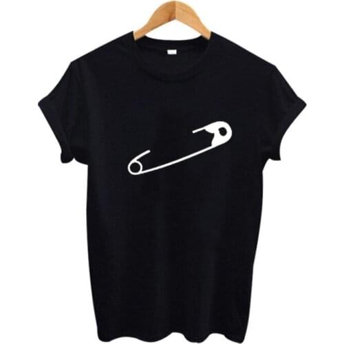 Summer Funny Tees T Shirts Safety Pin Graphic tshirt Fashion Women Tee shirt Black White T-shirt