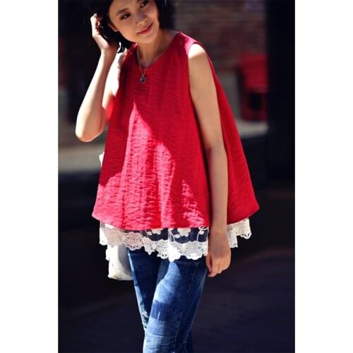 MICOCO B2025 Literary and artistic double Mosaic lace lace sleeveless vest summer vest with a round neck