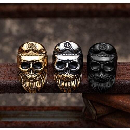 Valily Punk Beard Skull Rings Stainless Steel Men Ring Vintage Skeleton Navy Hat Ring Male Jewelry Gold Color Biker Jewelry