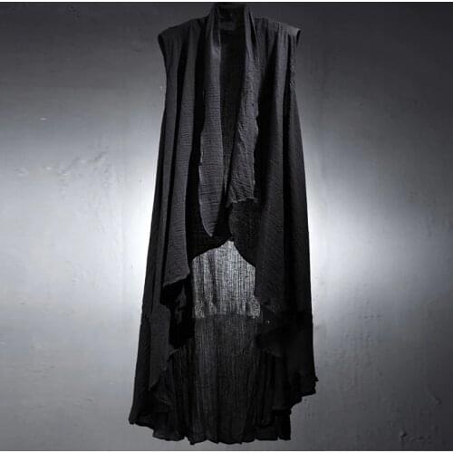 Summer Mens Black Sleeveless Long Coat Vest Linen Open Stitch Outwear Cloak Gothic Thin F18