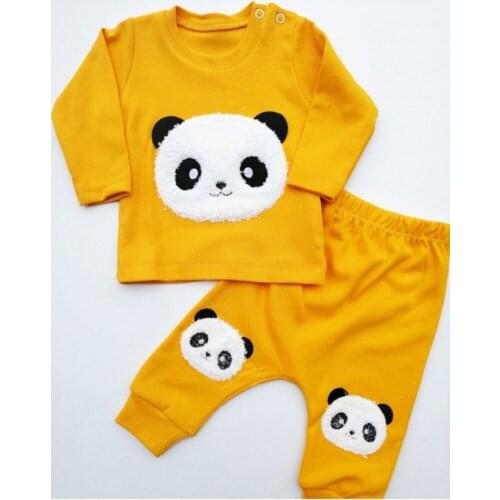 Baby Yellow Panda Embroidery Set Newborn Essentials Baby Kids Unisex Clothing 2 Piece Set Soft Cotton 3-9 Months T-Shirt Body