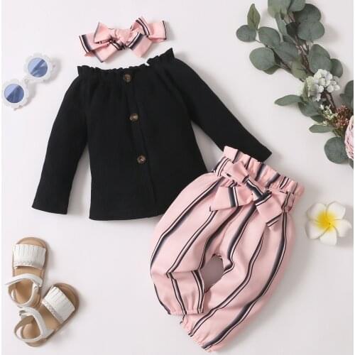 3-24M Newborn Baby Girl Clothes Toddler Girl Outfit New Born Black Button Top + Striped Pink Print Pants Kids Girls Clothes