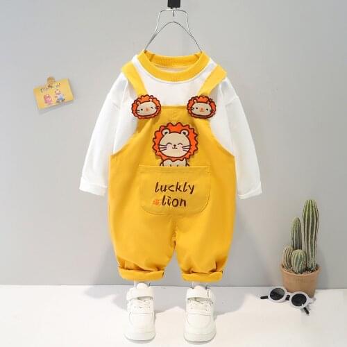 Autumn Cartoon Lion Bear Rabbit Bib Pants Toddler Baby Boys Clothing Set Blouse + Overalls Pants Kids Birthday Present Suit