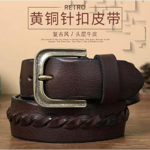 Personalized Fashion New Woven Belt Male Leather Pin Buckle Hand Made Retro Copper Buckle Belt