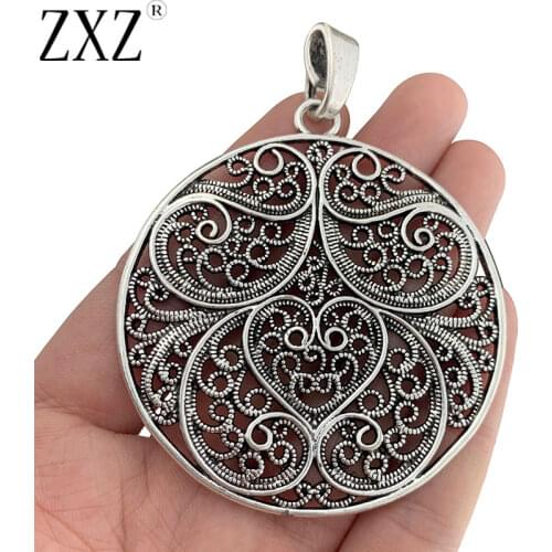 ZXZ 2pcs Tibetan Silver Large Boho Filigree Flower Round Charms Pendants for Necklace Jewelry Making Findings 60x60mm