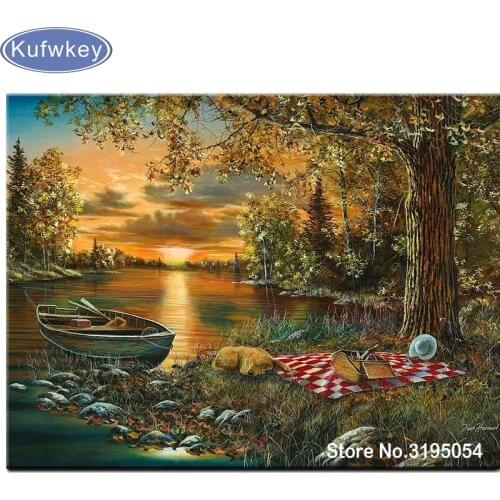 Full,Diamond Embroidery,sunset landscape 5D,Diamond Painting forest tree boat dog Kits,Cross Stitch,3D,Diamond Mosaic,Needlework