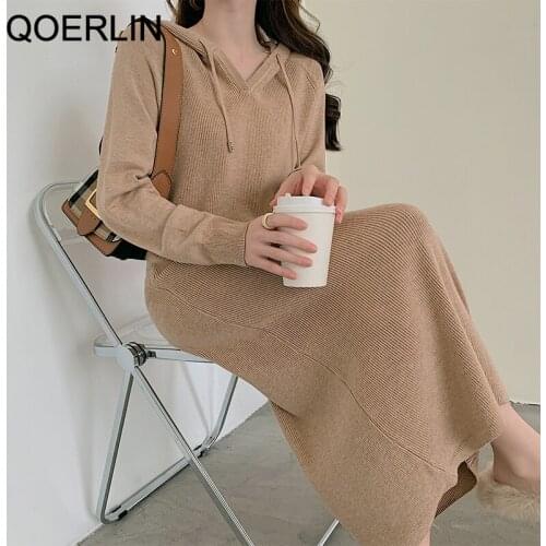 QOERLIN Chic Autumn Winter Sweater Dress Korean Long Maxi Dress Knitted Loose Sweater Dresses Casual Hooded Black Vestidos Mujer
