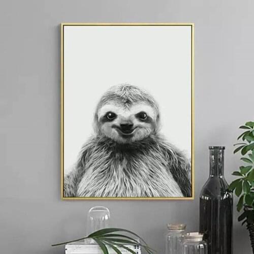 Nordic Black And White Smiling Sloth Minimalism Canvas Painting Posters Prints Wall Art Pictures For Living Room Home Decoration