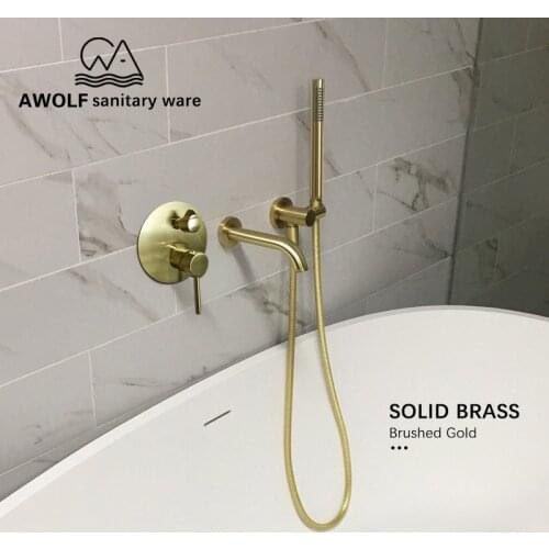 Wall Mounted Bathtub Faucet Brushed Gold Bathroom Shower Set Solid Brass Spout 3 Pcs Hot And Cold Mixer Tap Shower Bath AH3025